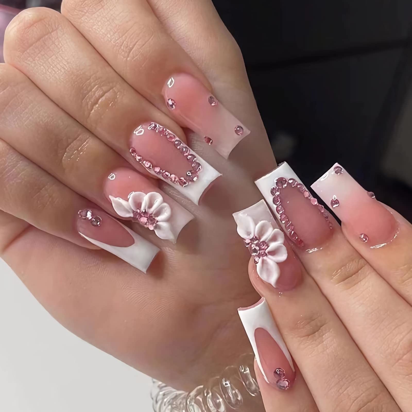 Coffin Press on Nails Long Fake Nails White French Tip Glue on Nails Pink Rhi…