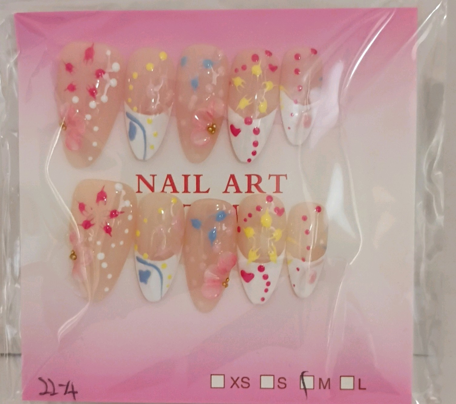 Press-On Nails Multicolor Floral 3D Almond Medium, Size M