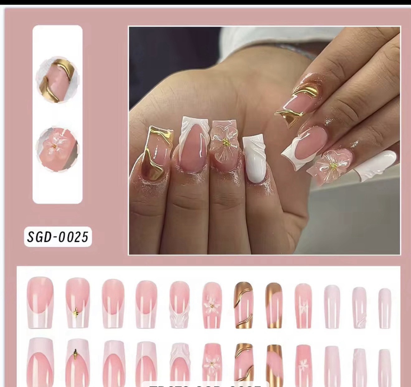 24Pcs 3D Press-On Nails Set (Bows, Rhinestones, Shells & Floral Designs) – Reus