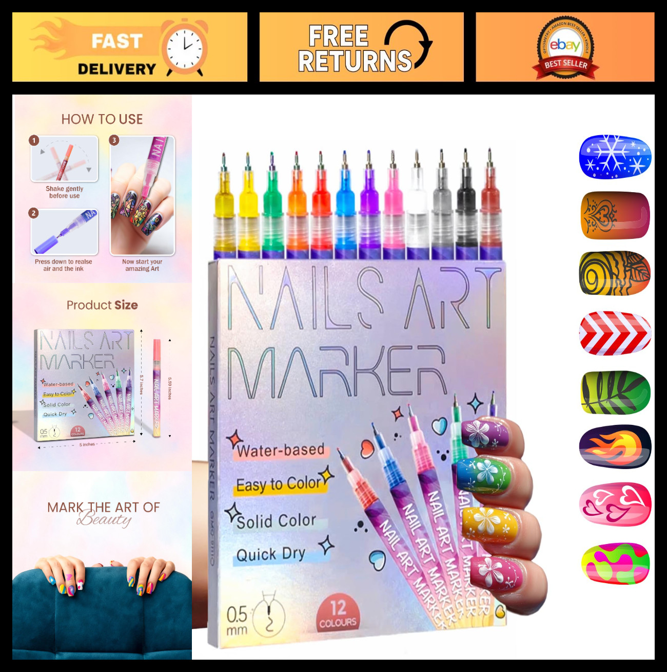 12-Color Nail Art Pens Set – Fine Tip Quick-Dry Waterproof Markers for Gel & Acr