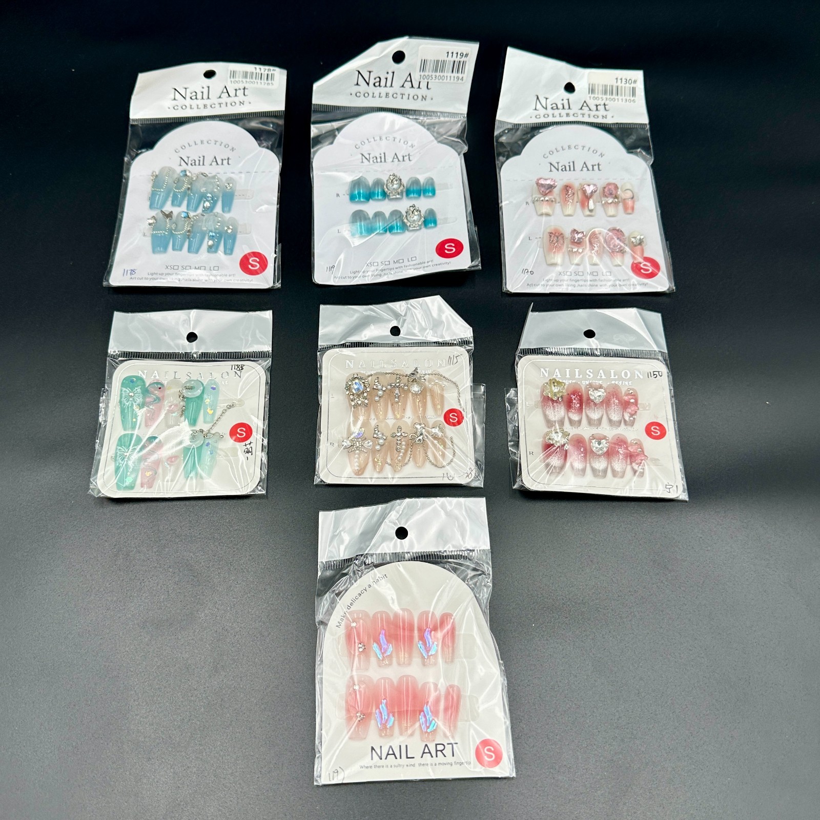 Lot of 7 Packs Press On Nails Size S Rhinestone 3D Bling False Nail Art Set