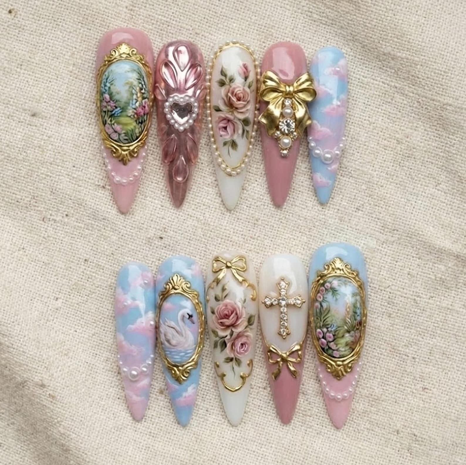 Handmade Vintage Rose Swan Cross Bow Pearl Rhinestone Long Almond Press on Nails