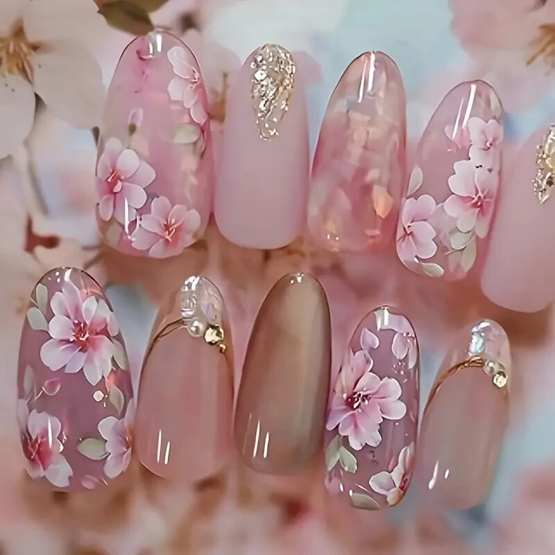 24pcs Cat Eye Press On Nails, Fake Nails with Peach Flower Design, Medium Square