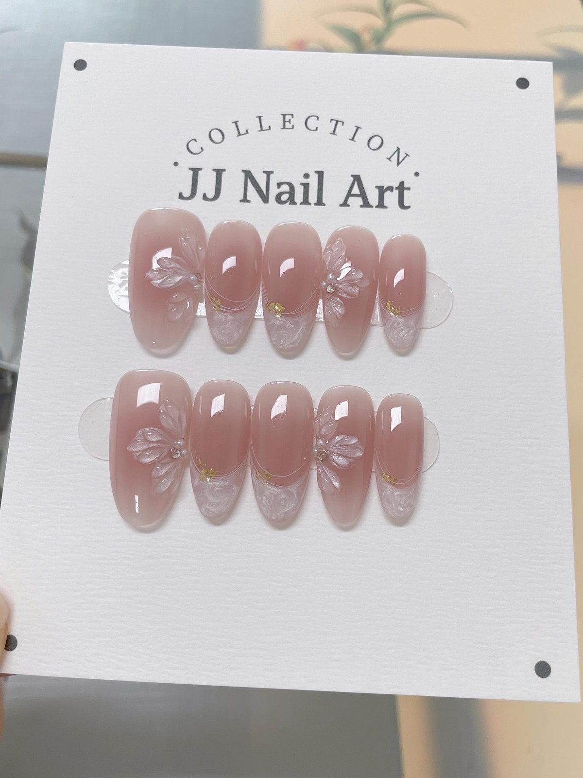 Handmade Sheer Pink 3D Wing Gold Foil Rhinestone Medium Oval Press on Nails