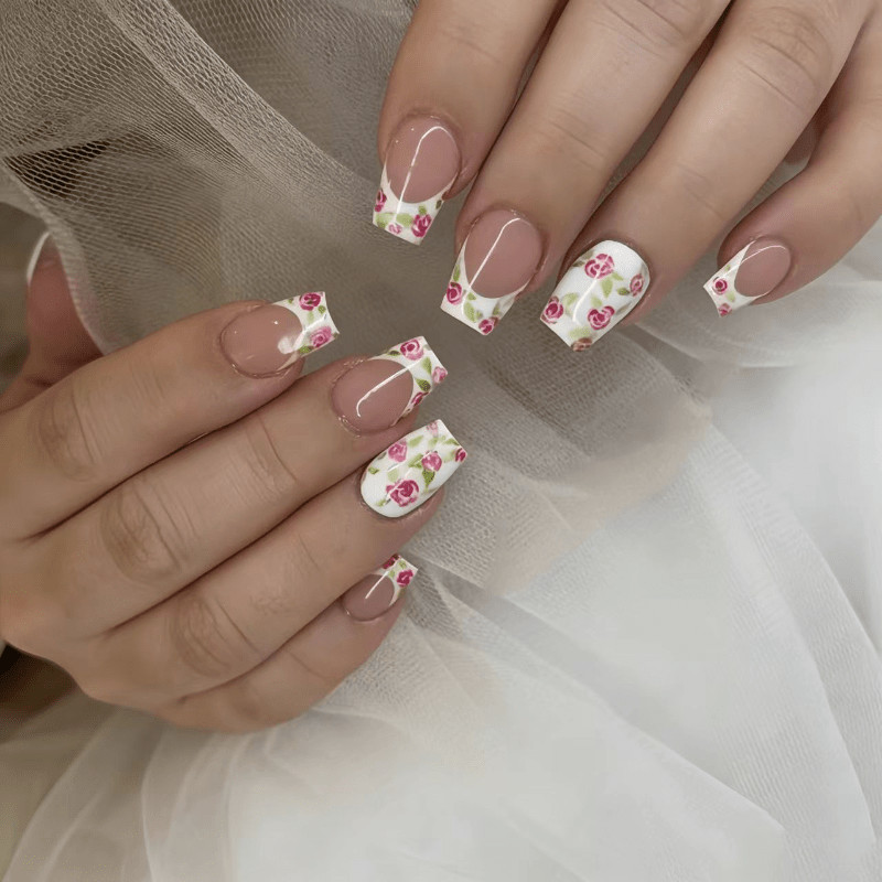 48 Pcs Rose Floral Press on Nails, Short Square Nude French Cute Fake Nails