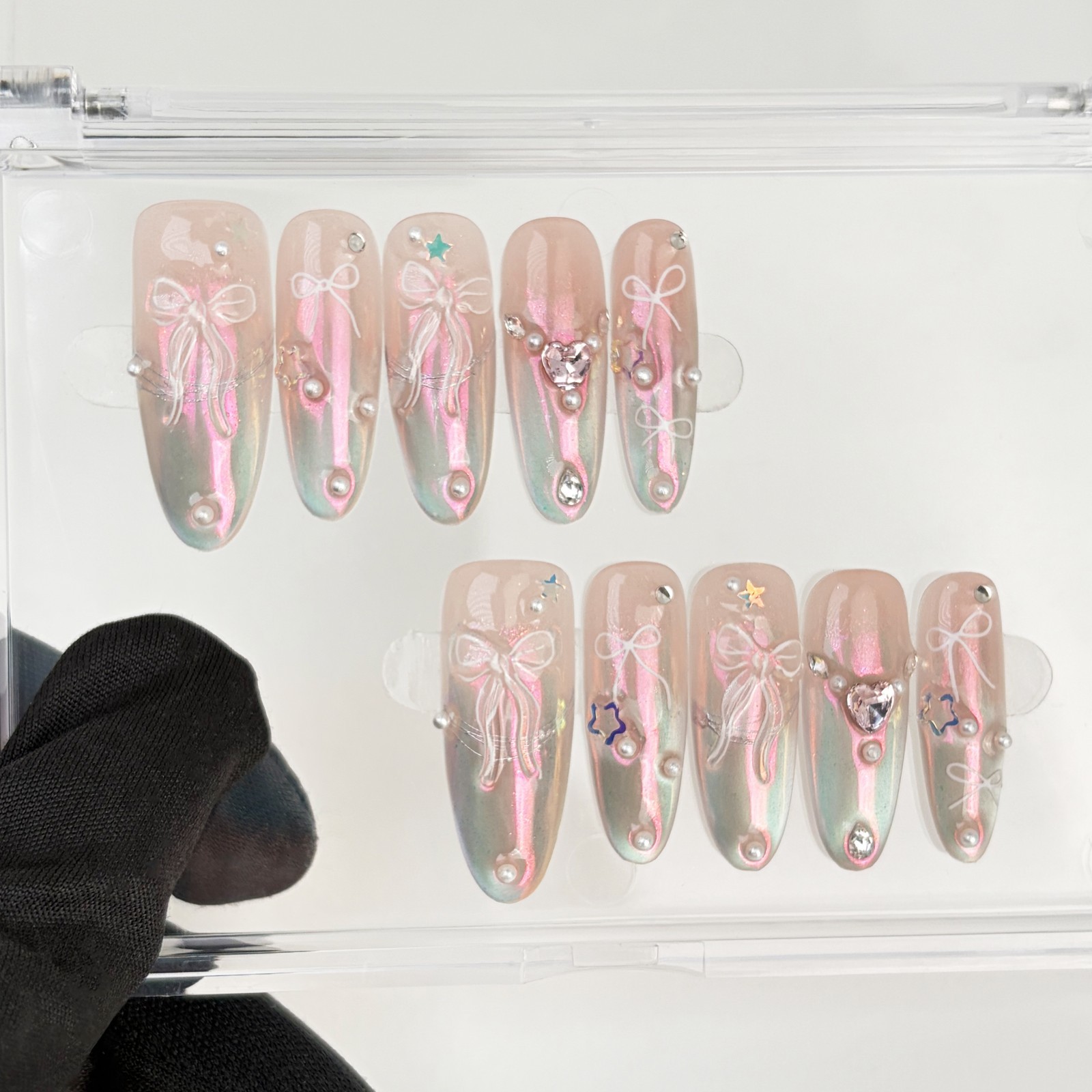 Pink Aurora Bow Press On Nails Almond Pearl Rhinestone Reusable Glue On Set