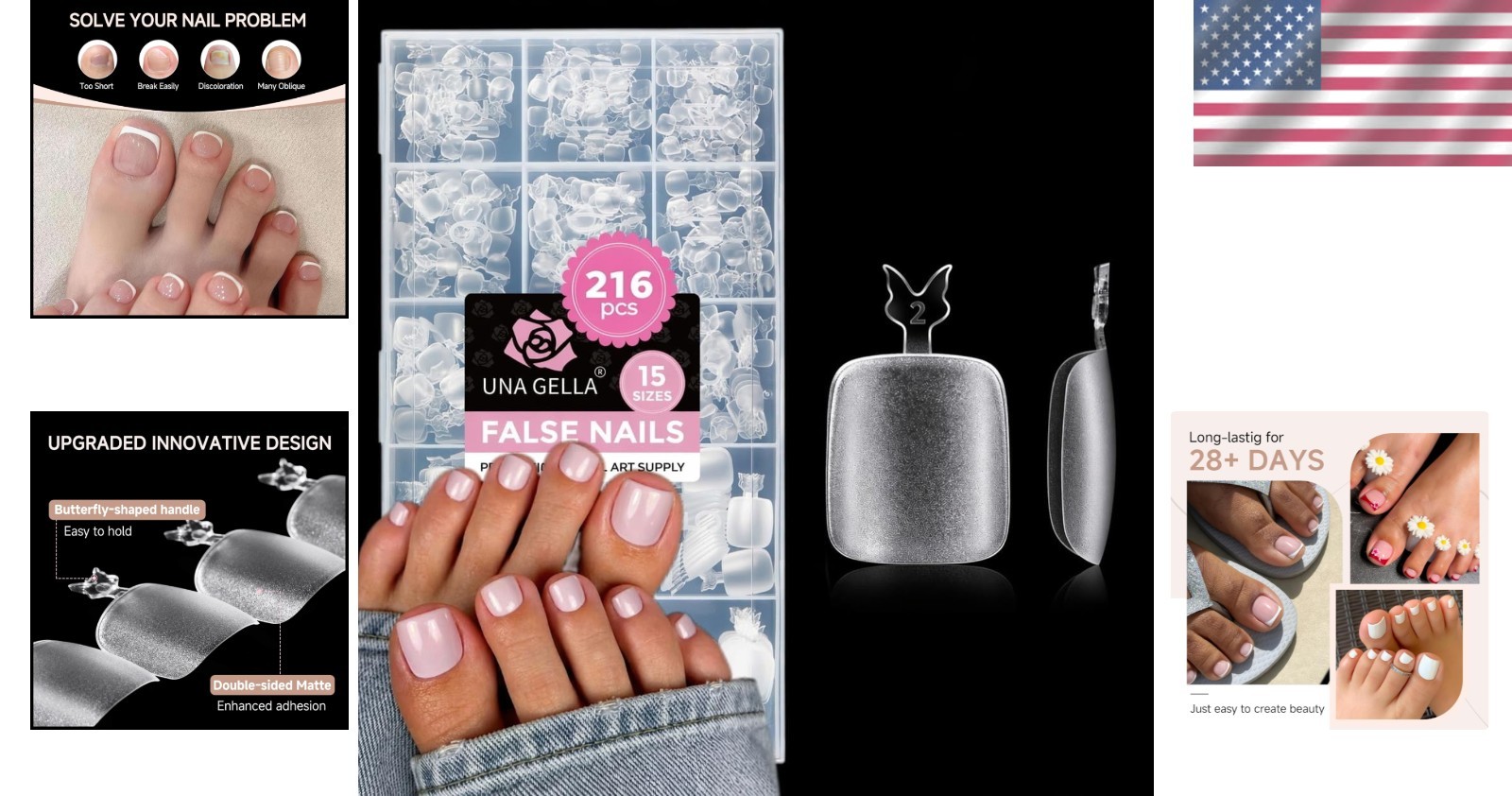 Professional Quality 216 Pcs Square Round Gel Toe Nail Extensions – Long-lasting