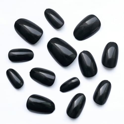 Short Press on Nails Almond Fake Nails Black 240 Round Almond Press on Nail S…