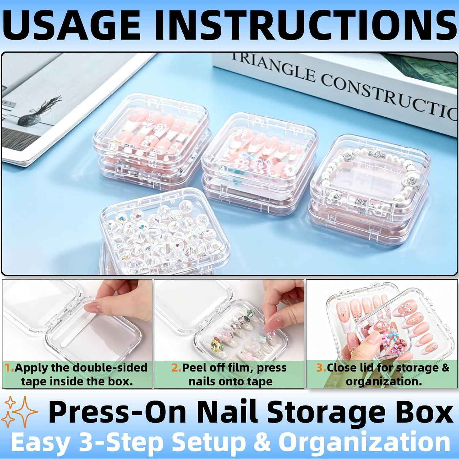 12 Pcs Clear Acrylic Press on Nail Storage Box with 30 Pcs Adhesive Double Sided