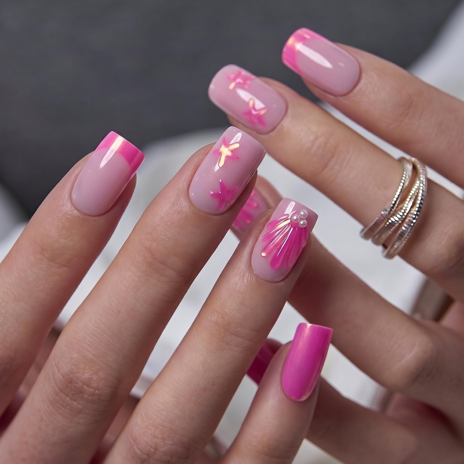 CurvLife Medium Squoval 3D Press On Nails, Coral Tide Pink, Soft Gel | 32PCS,…