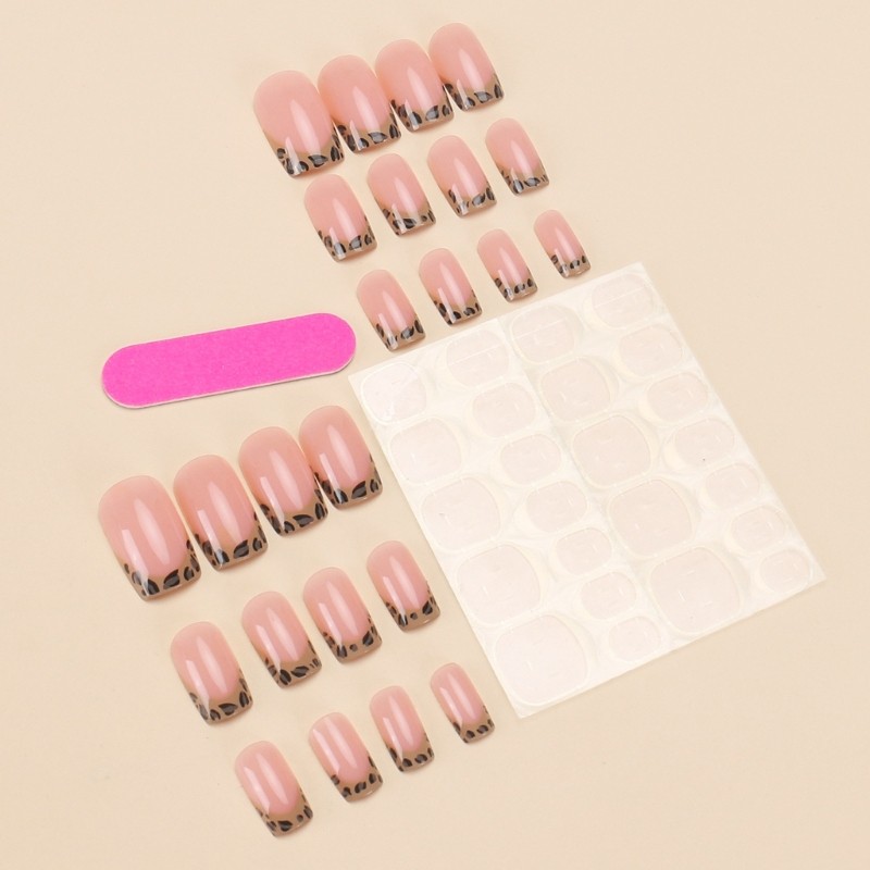 24 Pieces Short Square Press on Nail French Tip Nail Leopard Print False Nail