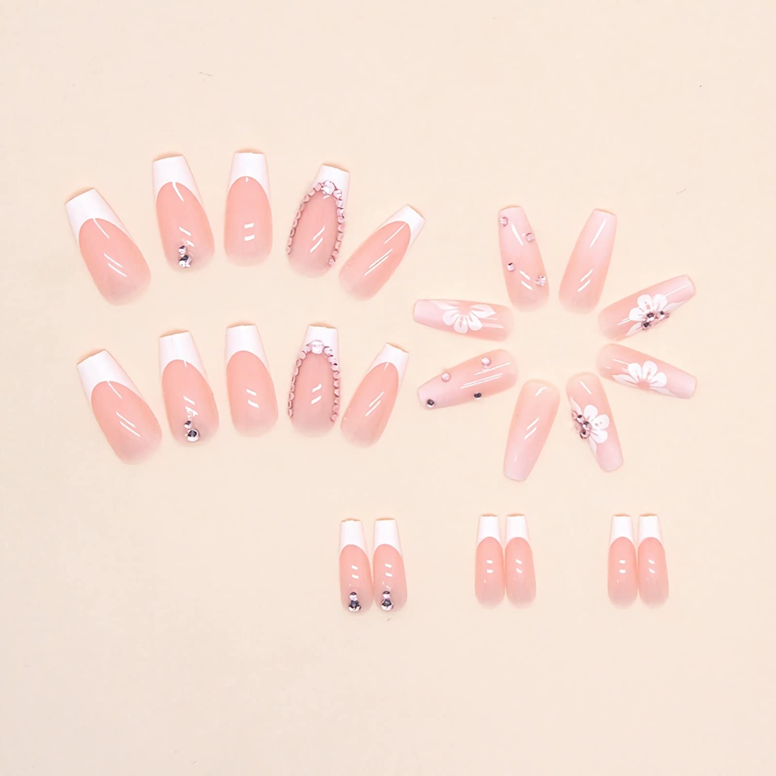 Coffin Press on Nails Long Fake Nails White French Tip Glue on Nails Pink Rhi…