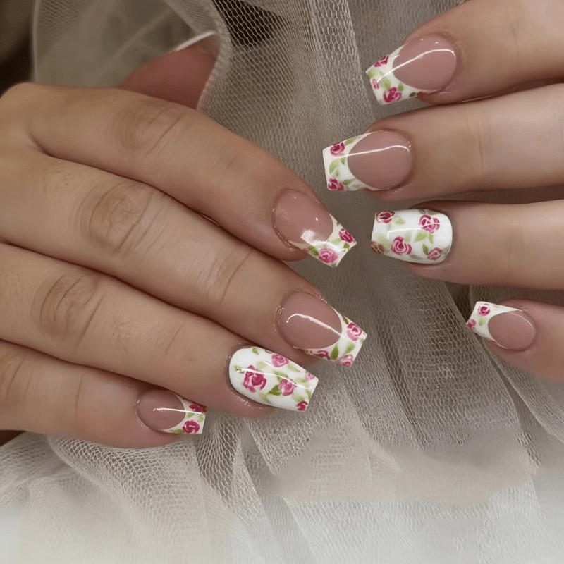 48 Pcs Rose Floral Press on Nails, Short Square Nude French Cute Fake Nails