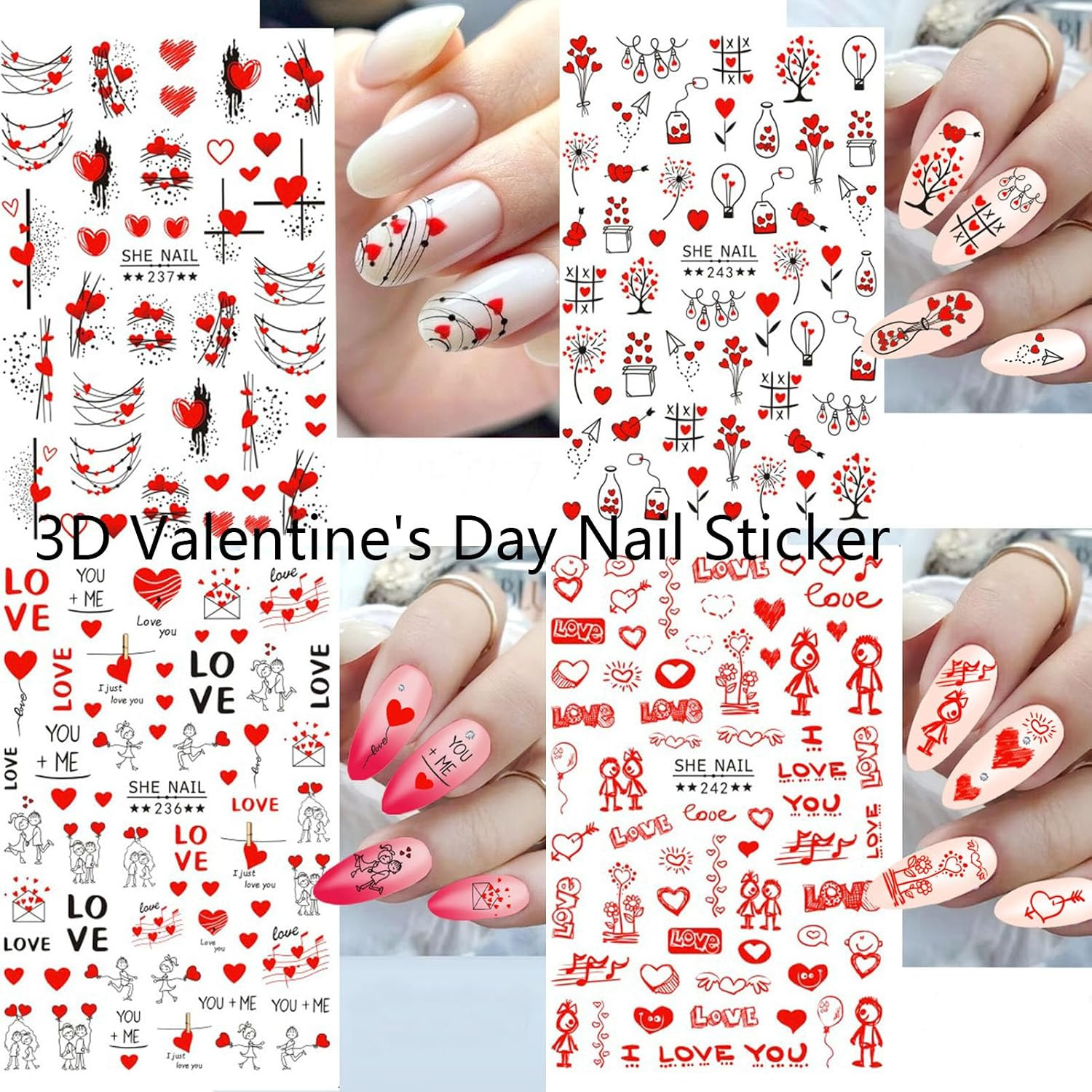 Valentines Nail Stickers – Valentine’S Day Nail Decals 3D Self-Adhesive Valentin
