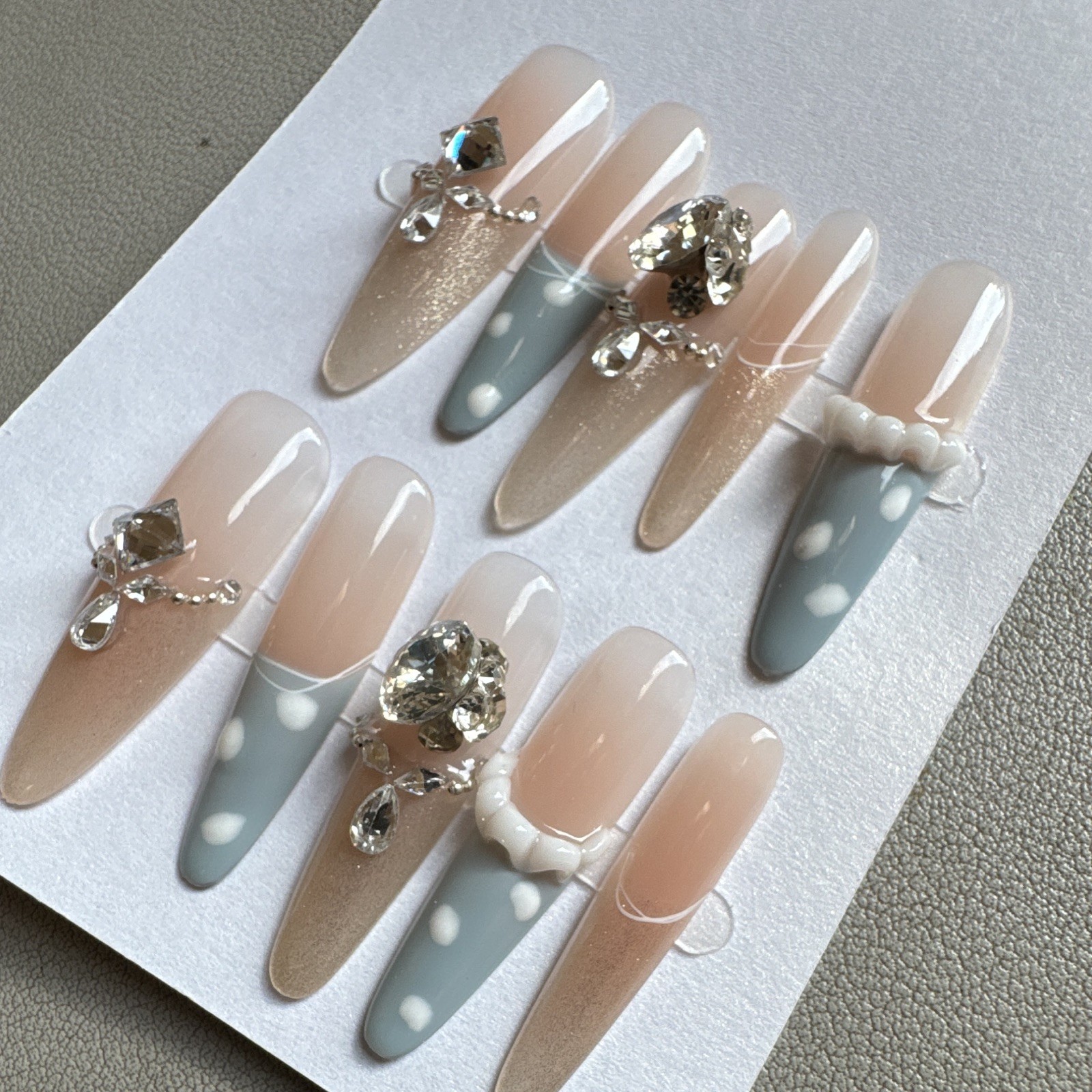 Press-On Nails Long Coffin Beige/Gray/White 3D Rhinestone Full Cover Set