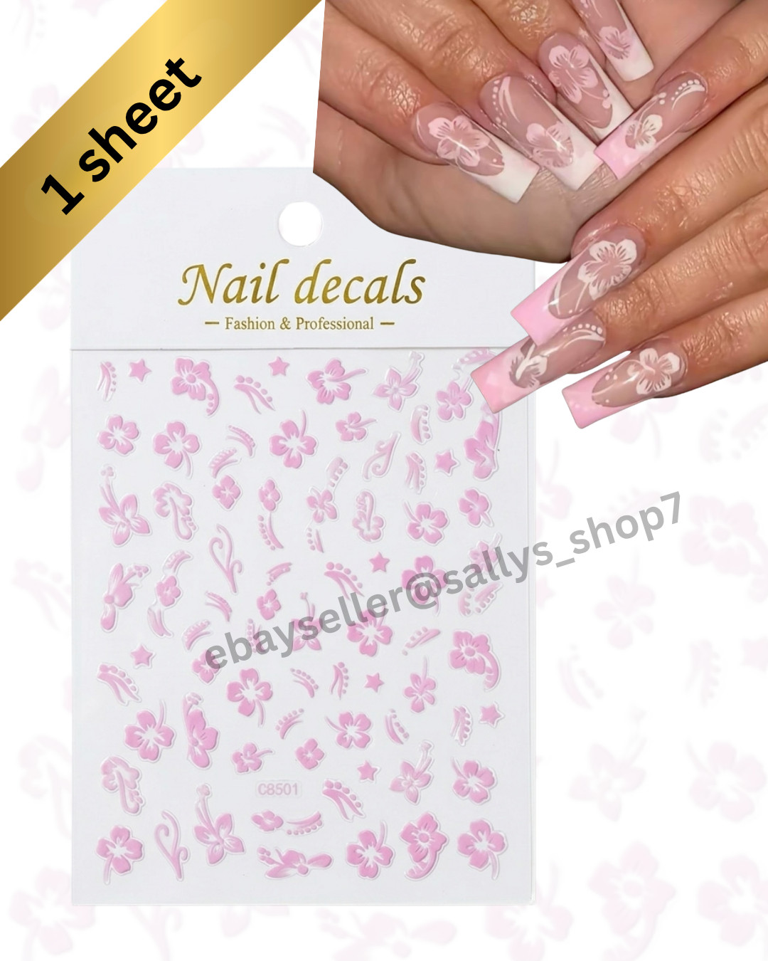 Hibiscus Nail Art Decals Tropical Flower Summer DIY Manicure Sticker Pink Gold