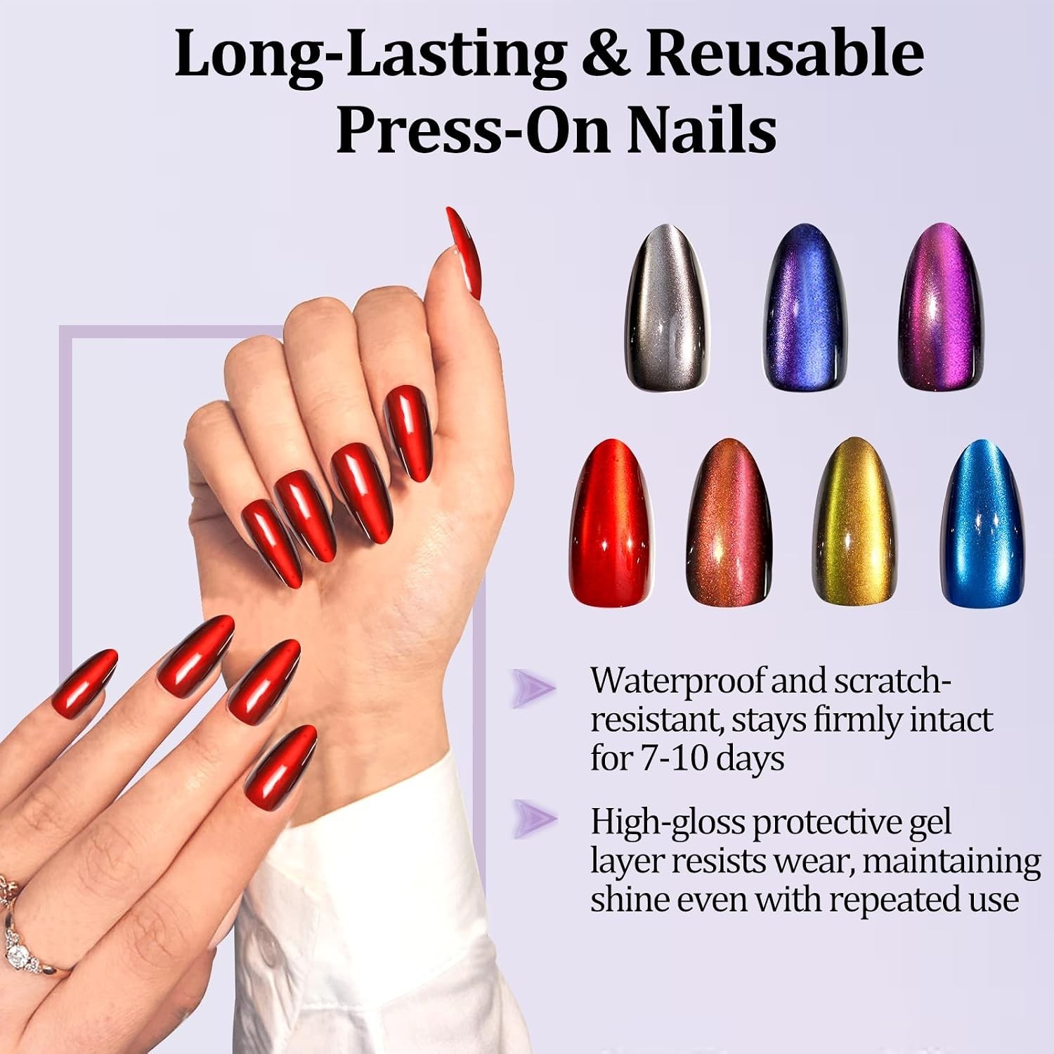 210pcs Cat Eye Press on Nails Almond 7 Colors Galaxy Acrylic Fake Nail | Reus…