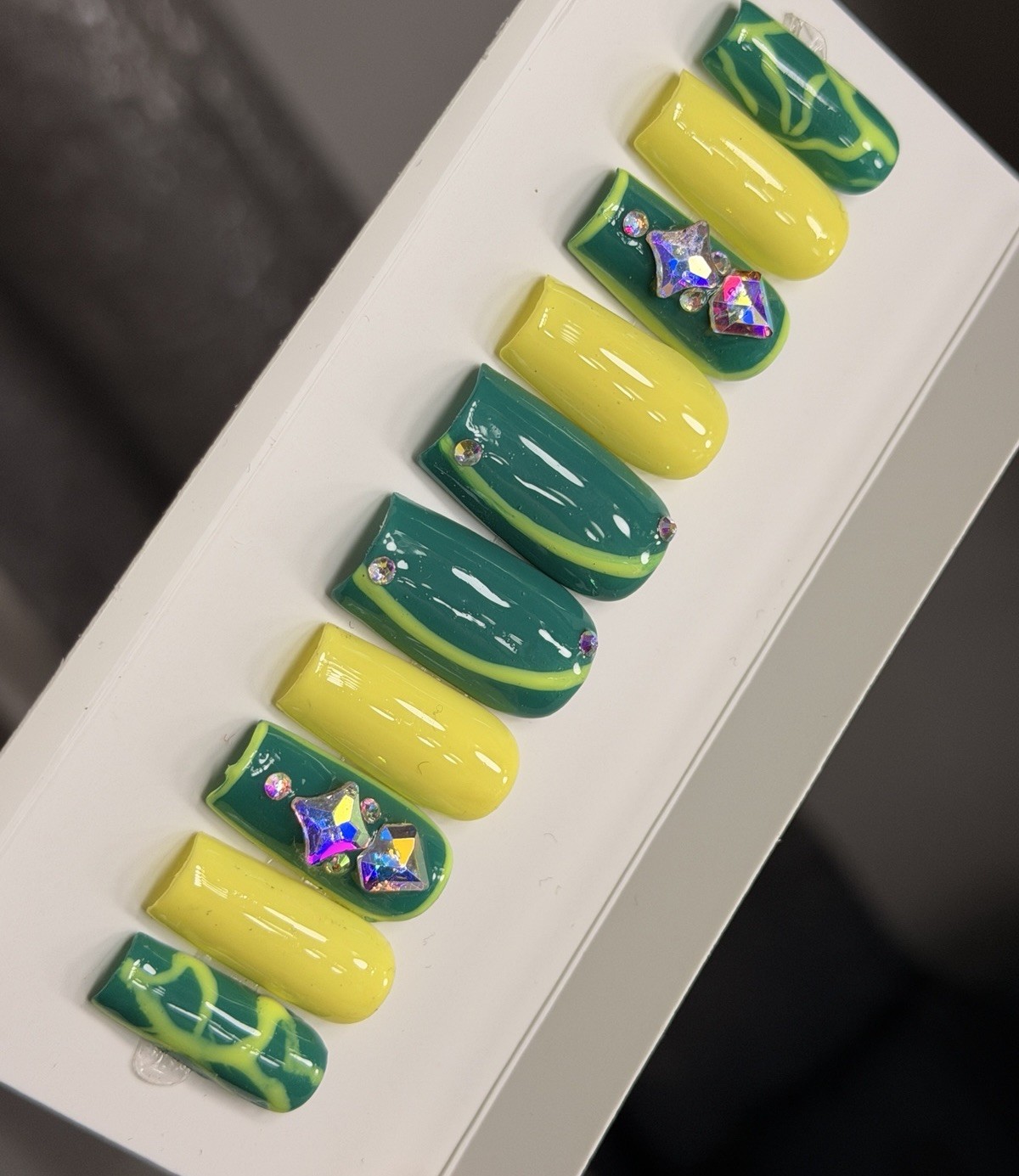 🤍 CUSTOM Hard Gel Press On Nails, GREEN YELLOW BLING 10p FULL SET W Kit
