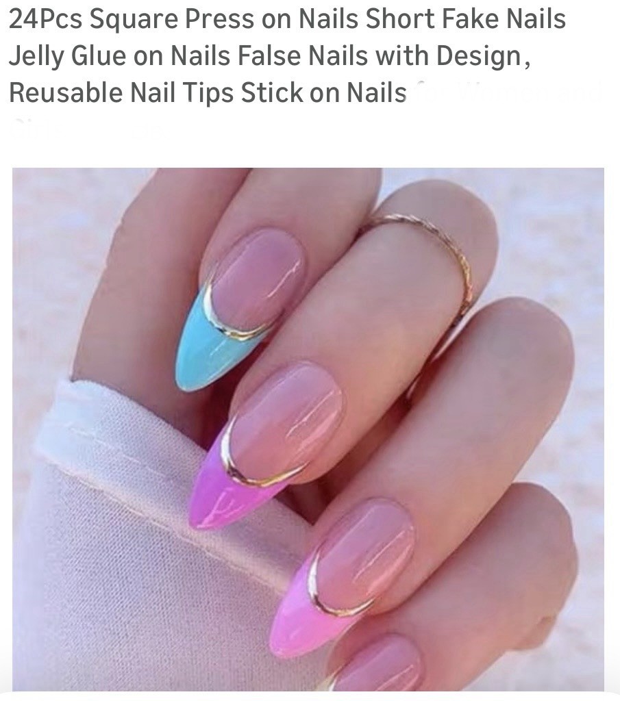 24 Press-On Nail Kit | French Tips In Pink, Yellow, Blue, Orange & Gold | New