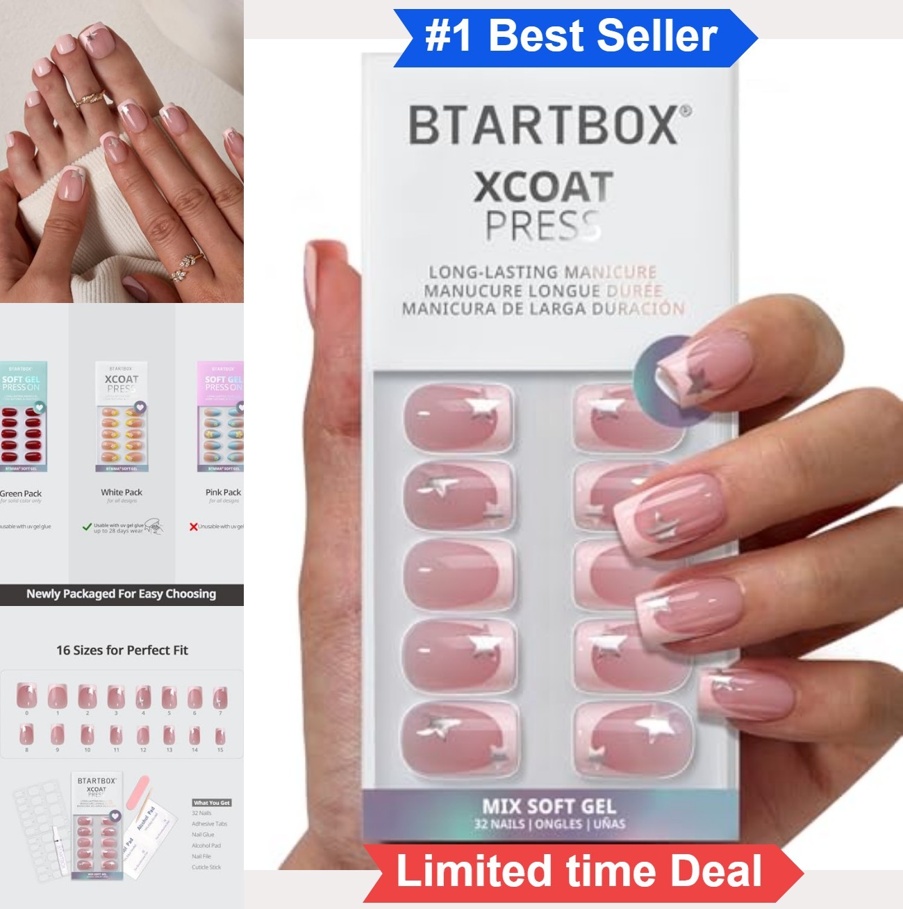 Press On Nails Short Square French Tip Soft Gel 32 Count 16 Sizes Glue Tabs