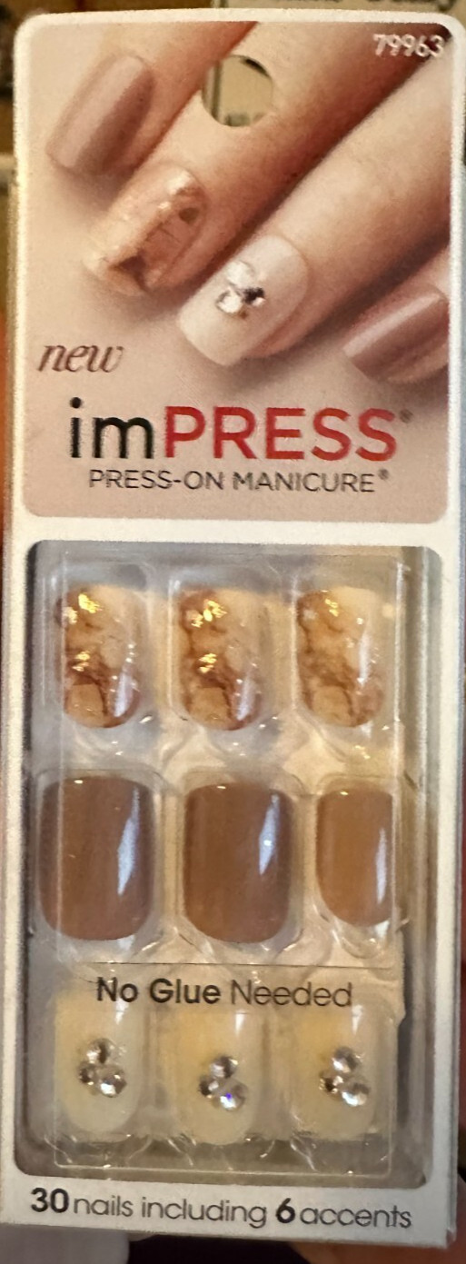 Kiss Nails Gel Salon Color Brown Beige short square Marble jewel 30 nails
