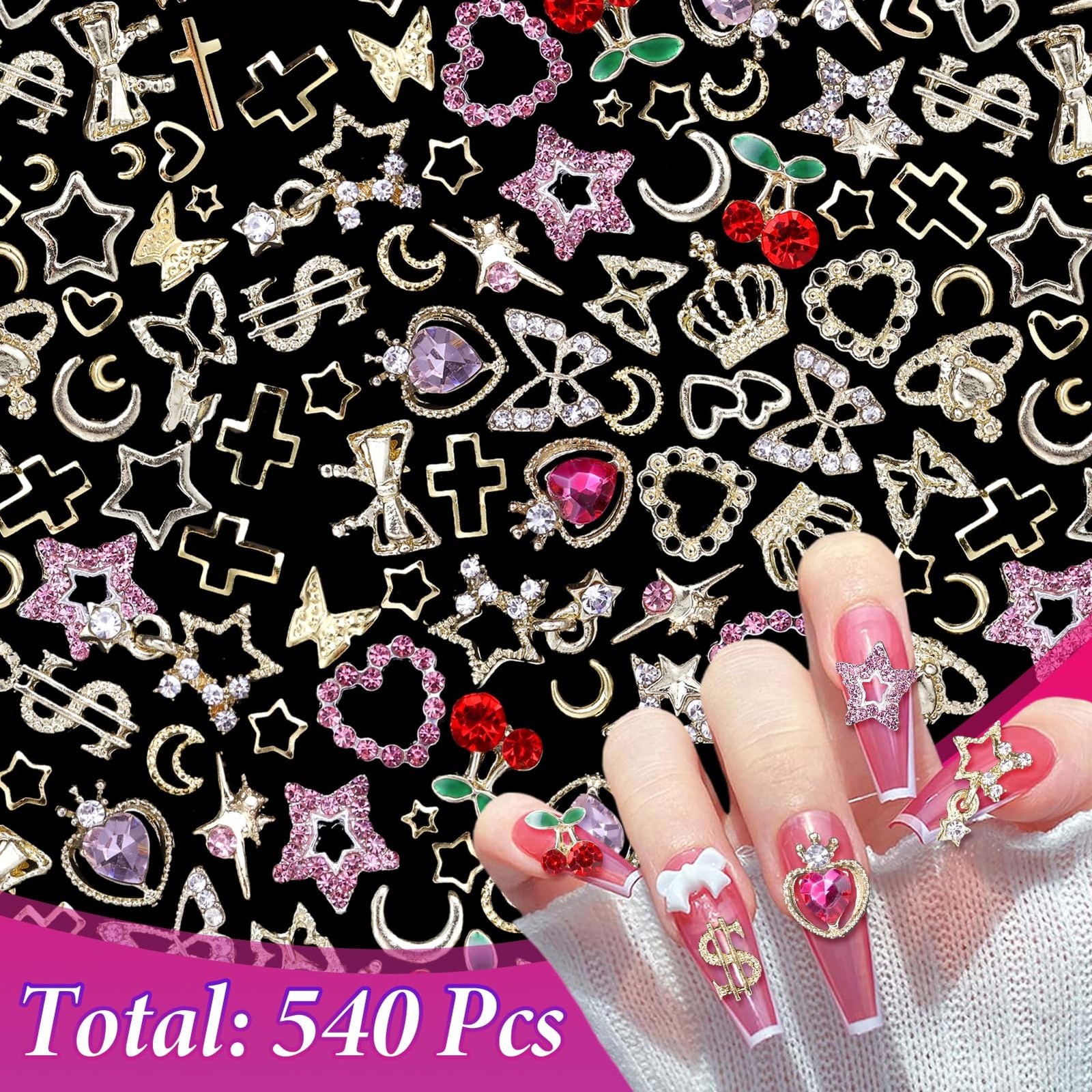 540 Pcs Gold Nail Charms, 40 Pcs Heart Star Cherry Nail Rhinestones and Charm…