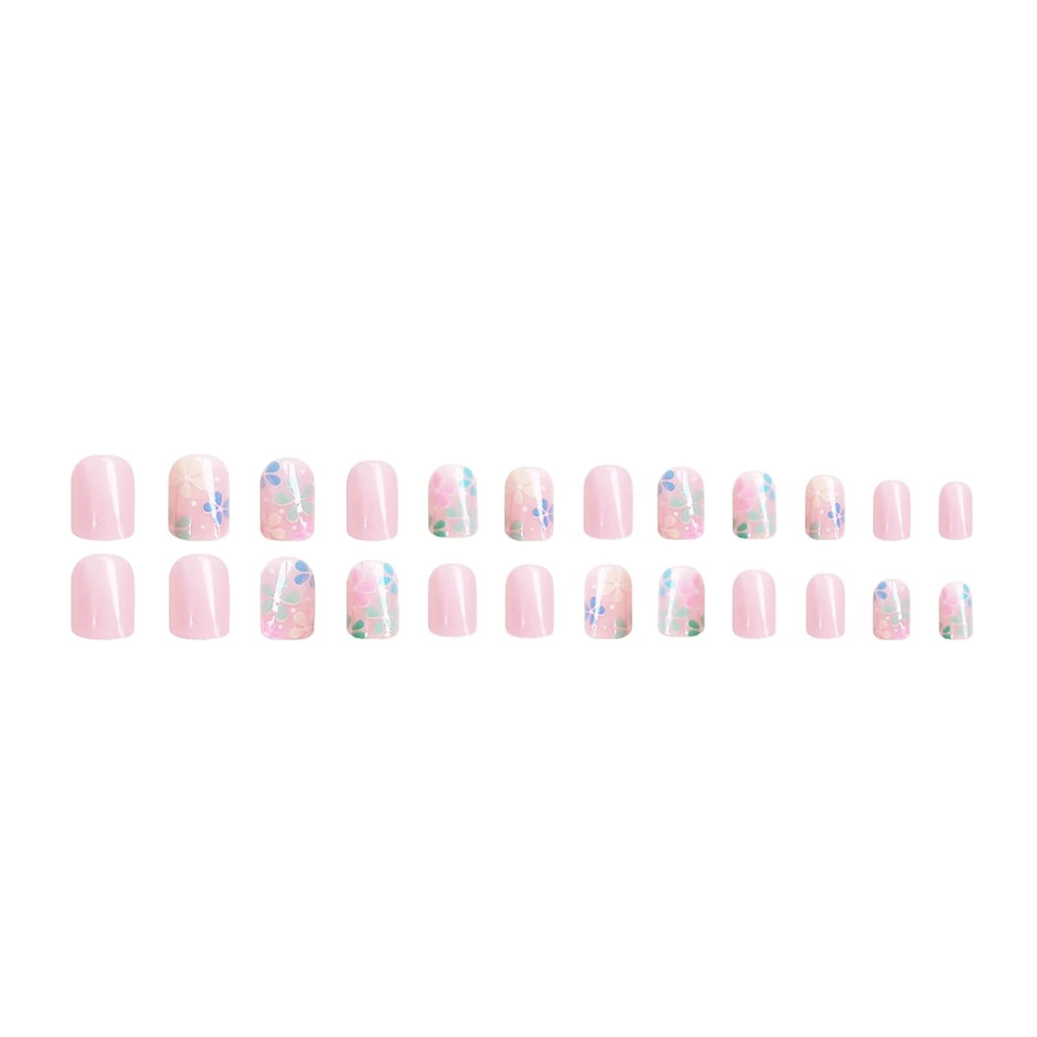 24Pcs Short Square Glossy Flower Press-On Nails – Perfect Gift Set for Girls