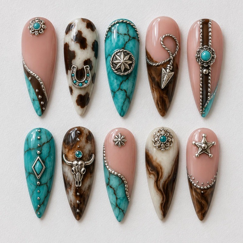 Custom Pure Handmade Nails Turquoise Western Silver Charm Leopard Manicure
