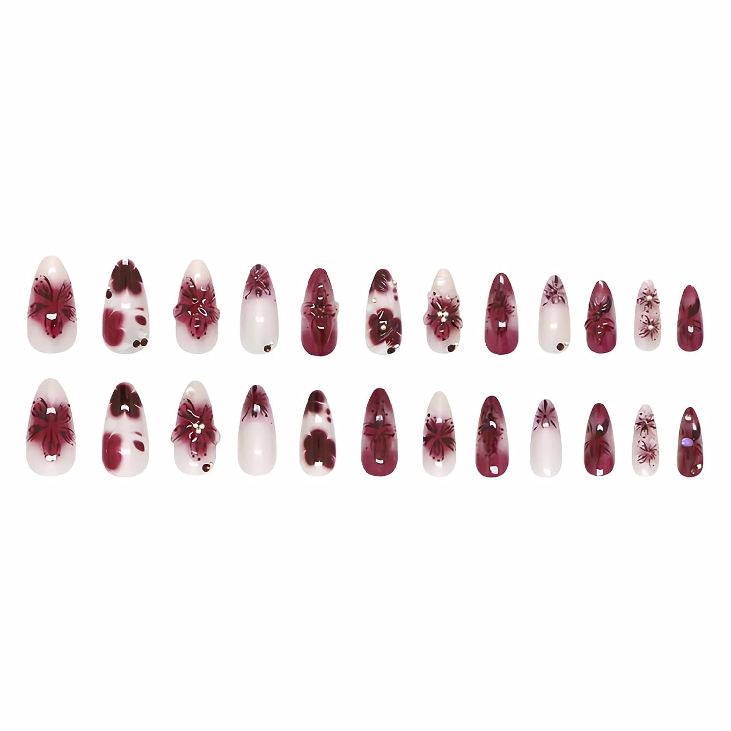 Press on Nails – Medium Almond Fake Nails with Purple Acrylic Handmade 3D Flower