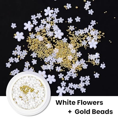 3D White Flower Nail Art Charms – Gold Steel Beads & Resin Floral White, Gold