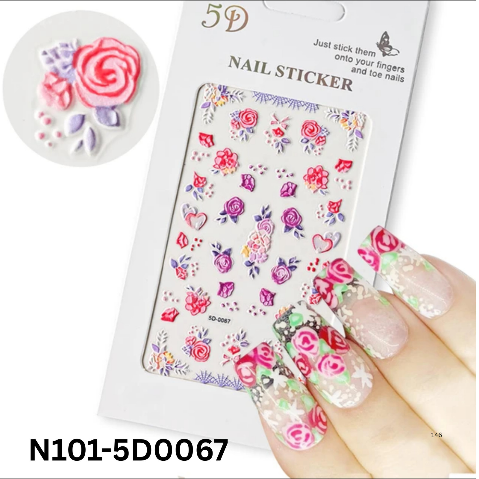 5D Rose Flower Nail Art Stickers – Embossed Floral Nail Decals for Manicure