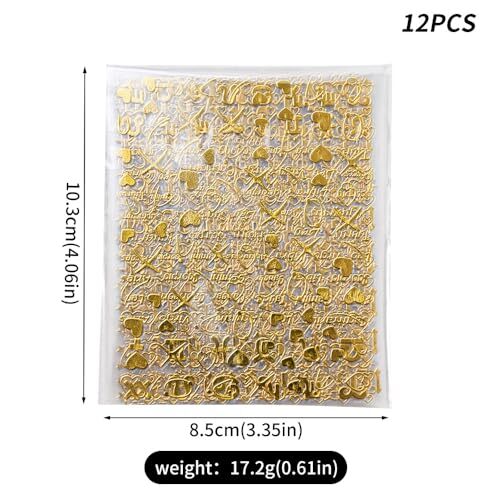 12 Sheets Gold Star Nail Art Stickers 3D Self Adhesive Flower Heart Letter