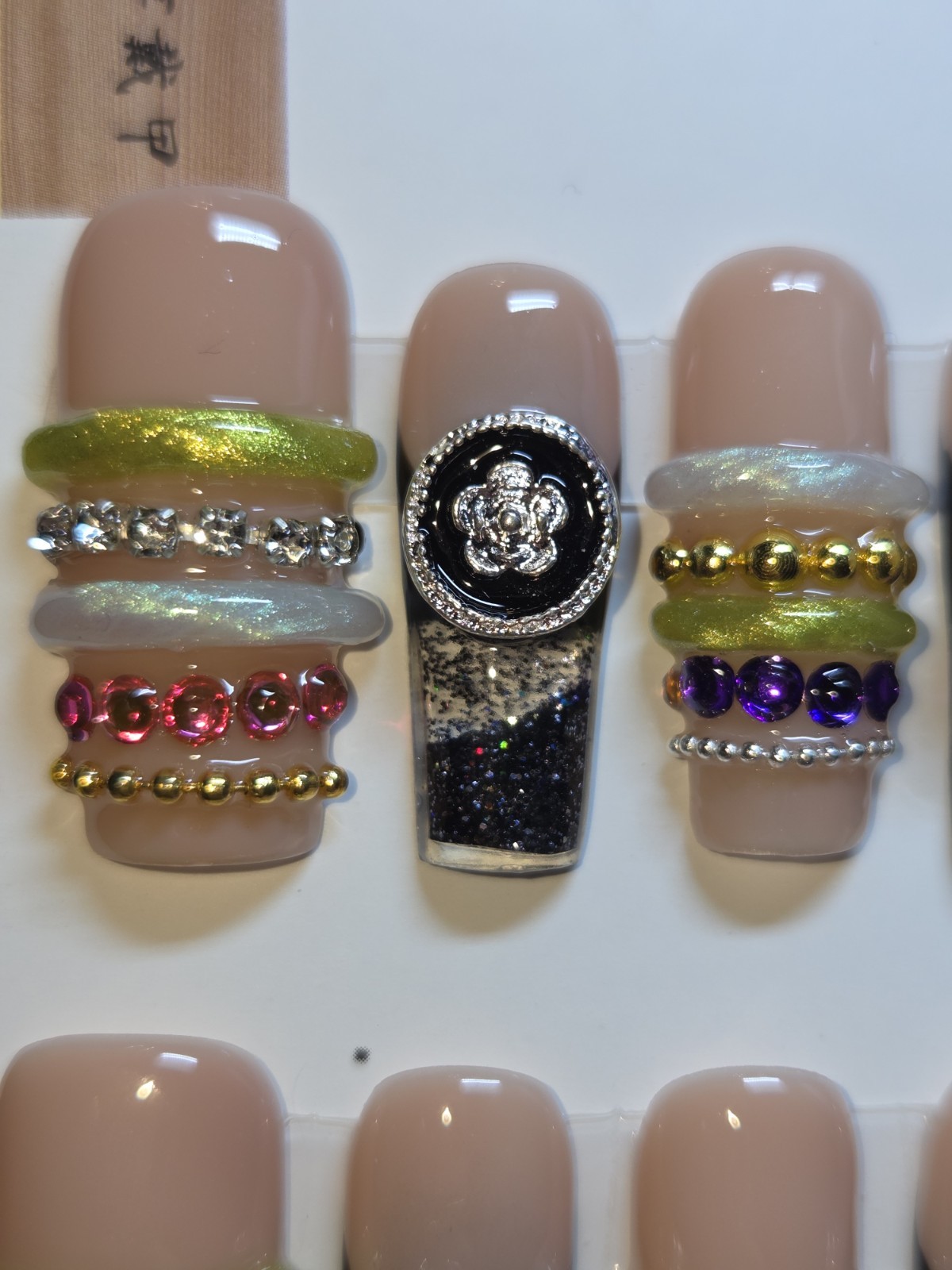 Press On Nails Handmade Medium Black White Y2k Bangle Bracelet Aqua Water Nail