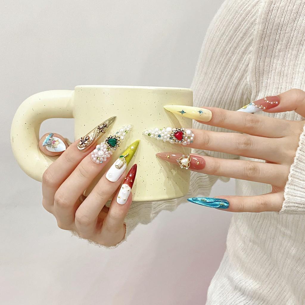 Handmade Luxury 3D Diamond Pearl False Nail Extra Long Water Drop Press On Nail