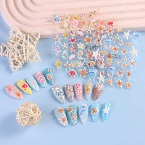 Ocean Life 5D Embossed Nail Art Stickers Decals, 5 Sheets Summer Ocean Life