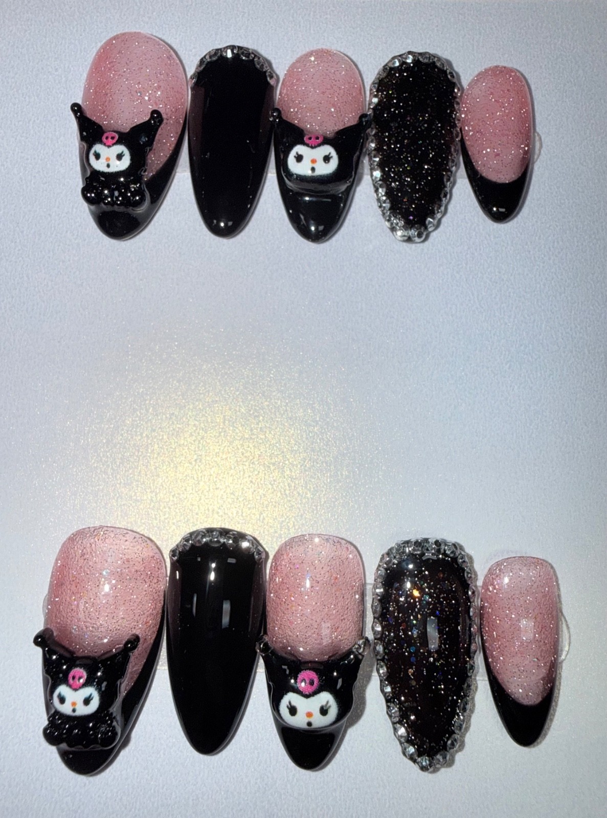 Kuromi Cat Press‑On Nail Set with Pink & Black Glitter French Tips 💅✨