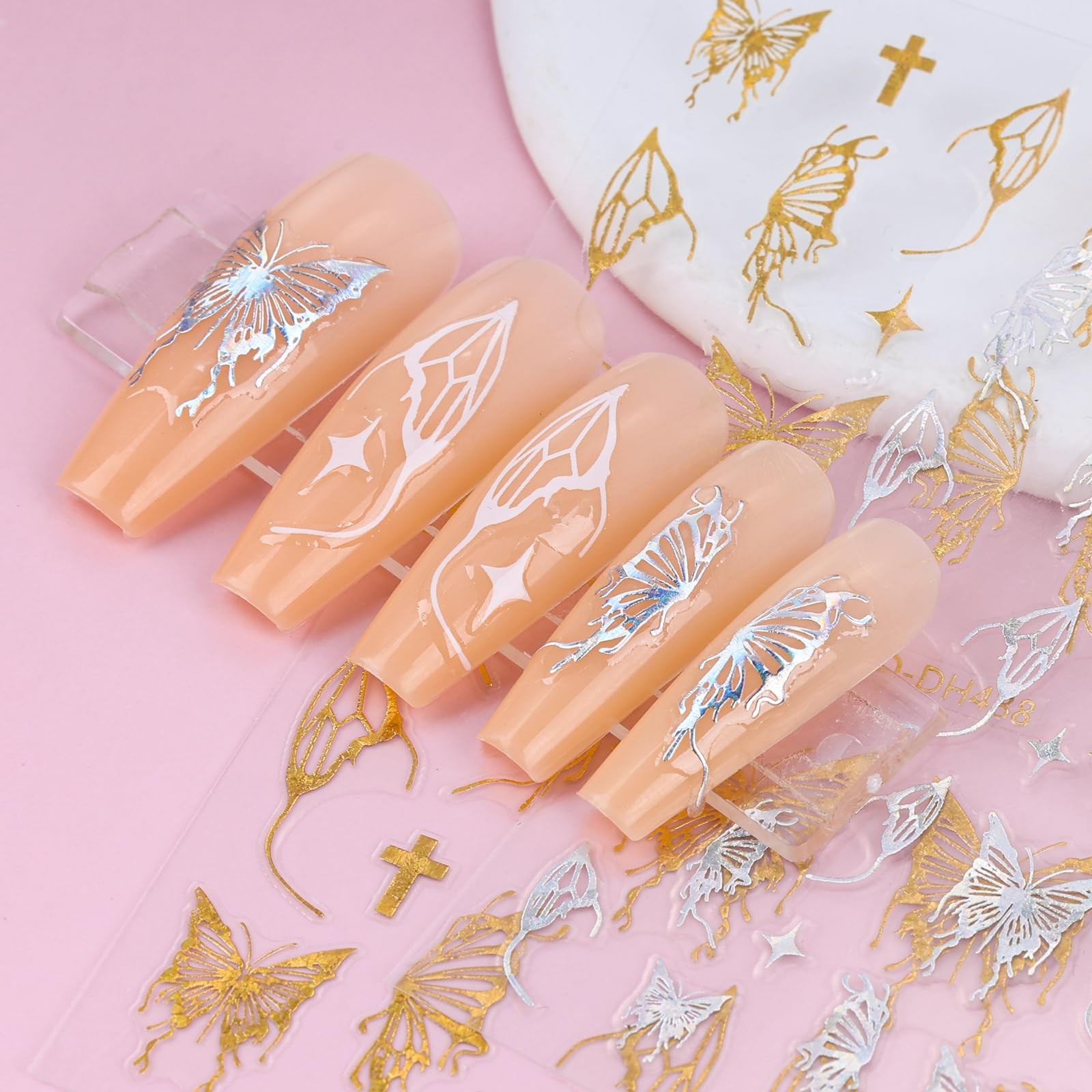 Kikonoke 12 Sheets Laser Butterfly Nail Stickers White Silver Gold 3D Decals
