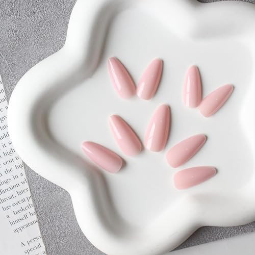 Dusty Pink Press on Nails Medium Almond, Gel Fake Nails Glossy Dusty Pink