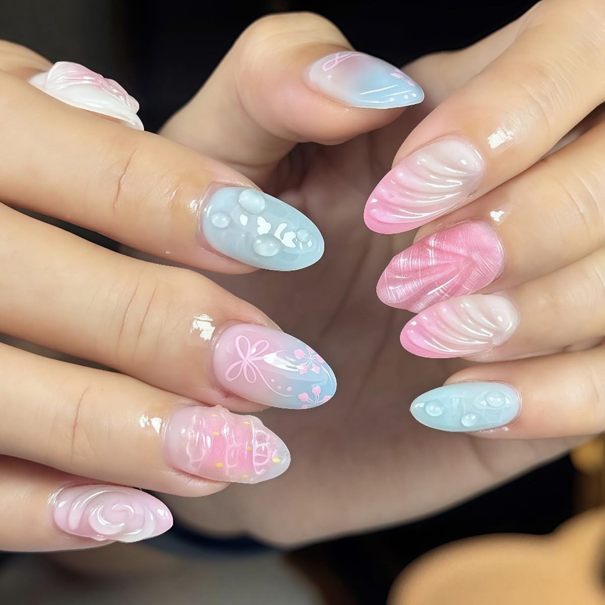 24 Pcs Ombre Press on Nails Short Almond Nail Tips,Pink Acrylic Nail Kit Fake…