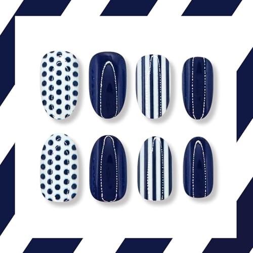 Blue Polka Dot Press On Nails Almond Short Fake Nails Glossy short-designs8