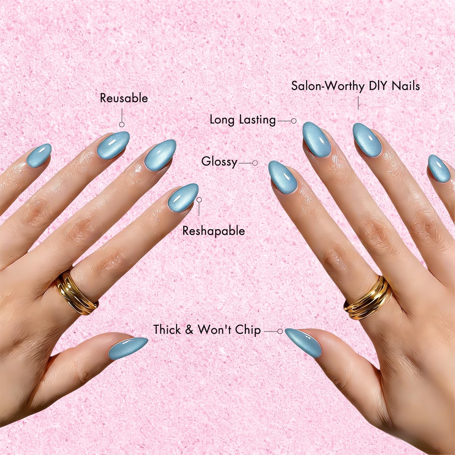 Cat Eye Pastel Blue Press on Nails Short Oval, Fake Nails with a Chrome Spark…
