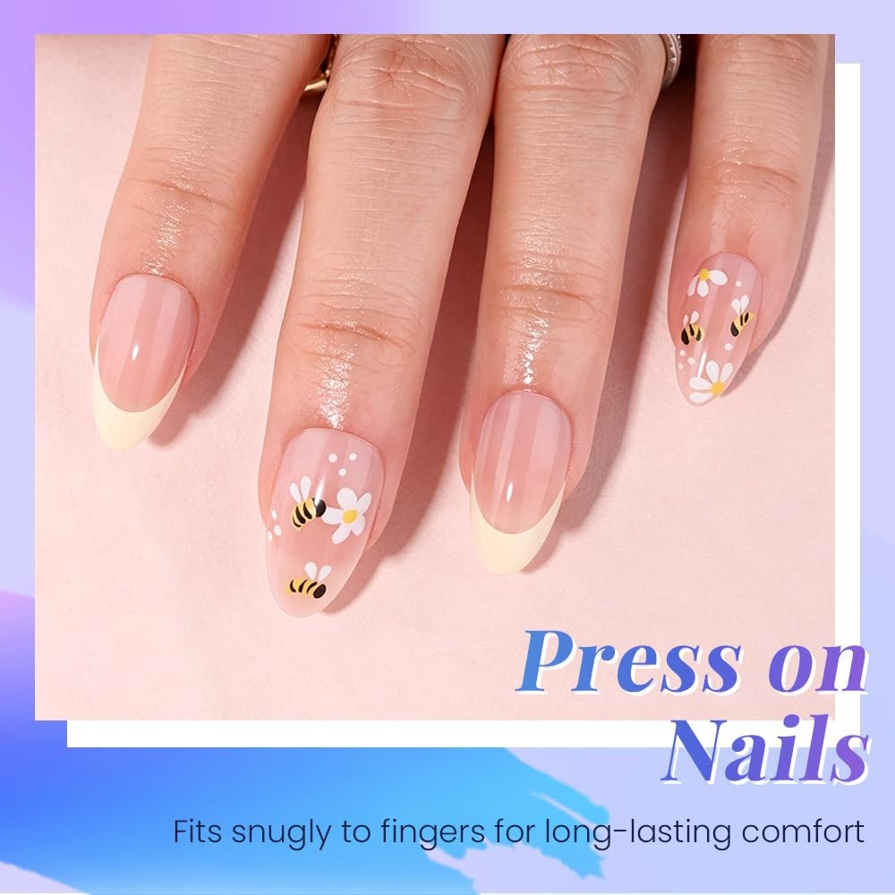 evpct Pale Nude Press on Nails Short Almond with Flower Bee Design, French Ye…