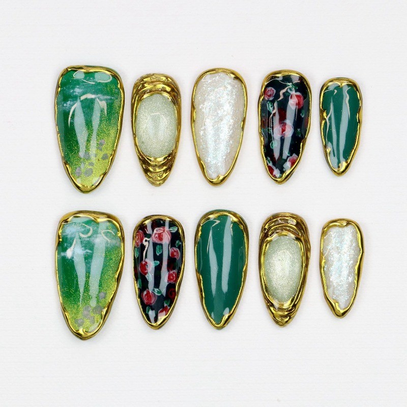 Custom Pure Handmade Nails Dark Green Gold Trim Floral Luxury Daily Manicure