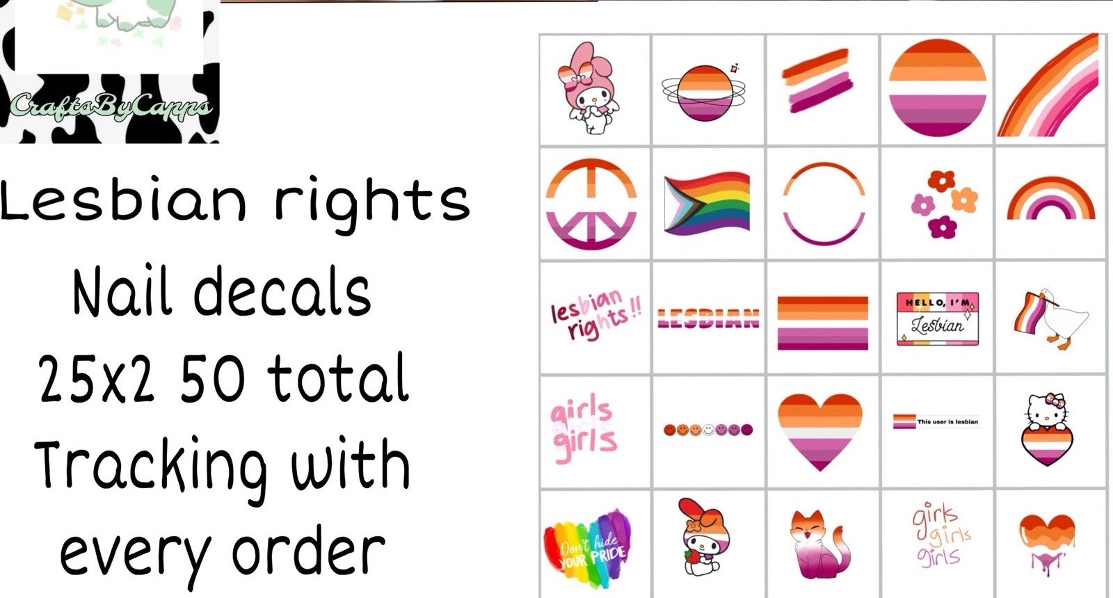 Lesbian Rights Pride Waterslide Decals Finger Nail, Instructions (set of 50) KC