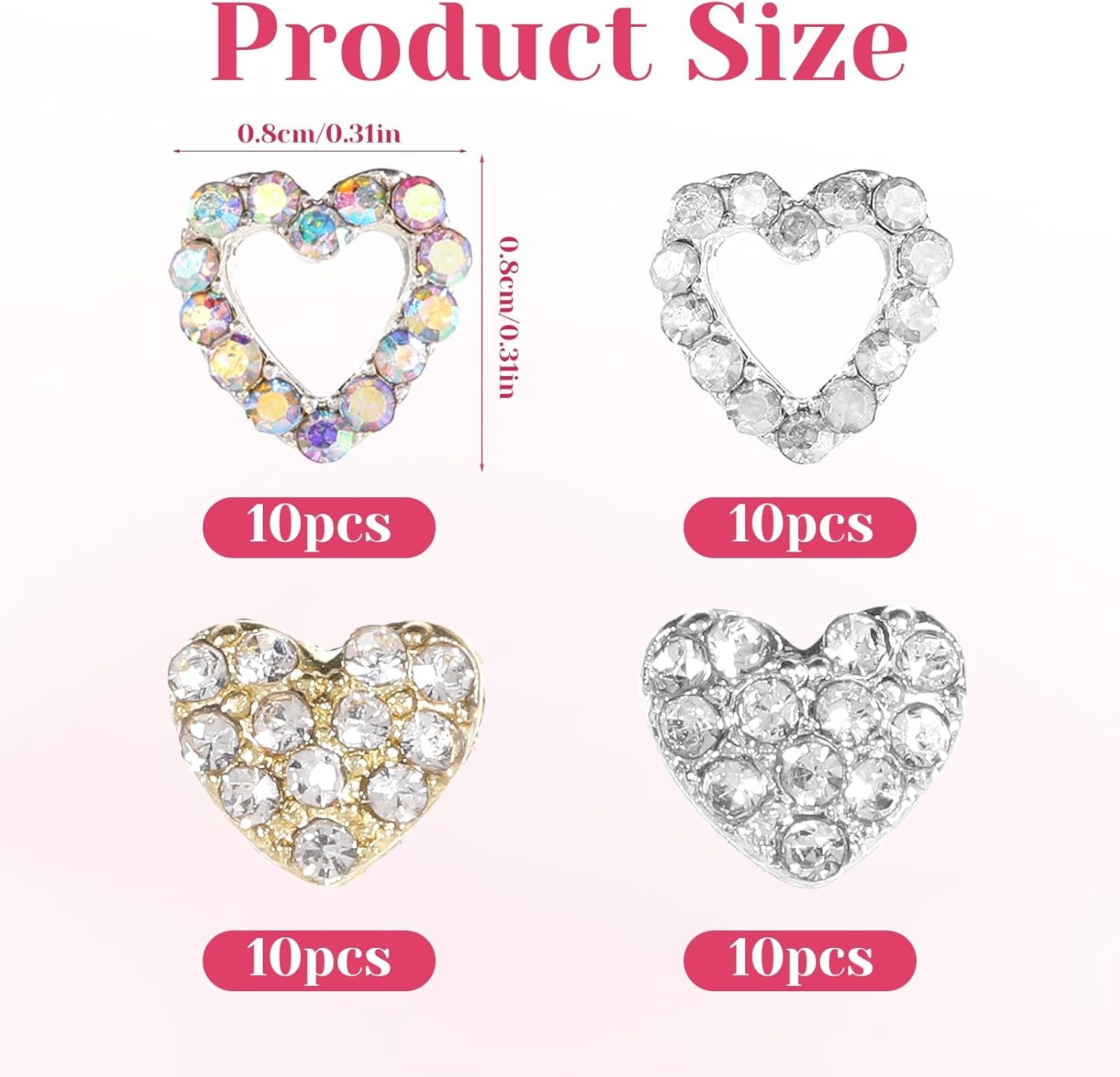 40 Pcs 3D Heart Nail Charms Rhinestones Gems for Nail Art & DIY Decor