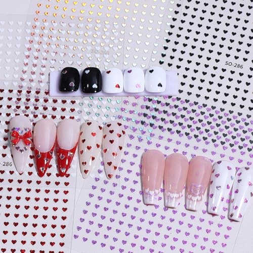6 Sheets Heart Nail Art Stickers Decals Black White Red Laser Silver Heart-7