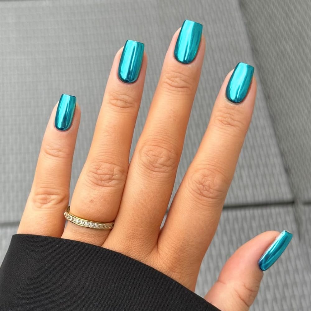 Mirror Metal Teal Blue Press on Nails Medium Short Square Chrome Glazed Short…