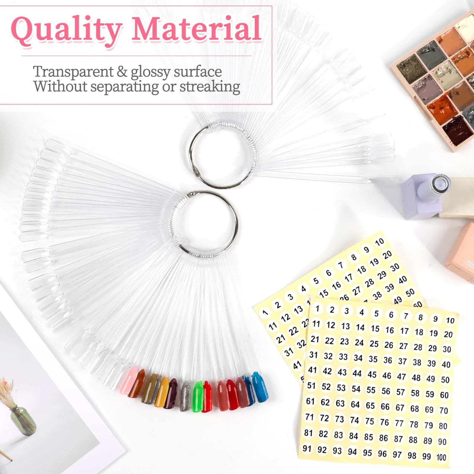 100 Pcs Clear Nail Swatch Sticks with Ring Fan Shape Nail Color Swatches Sticks