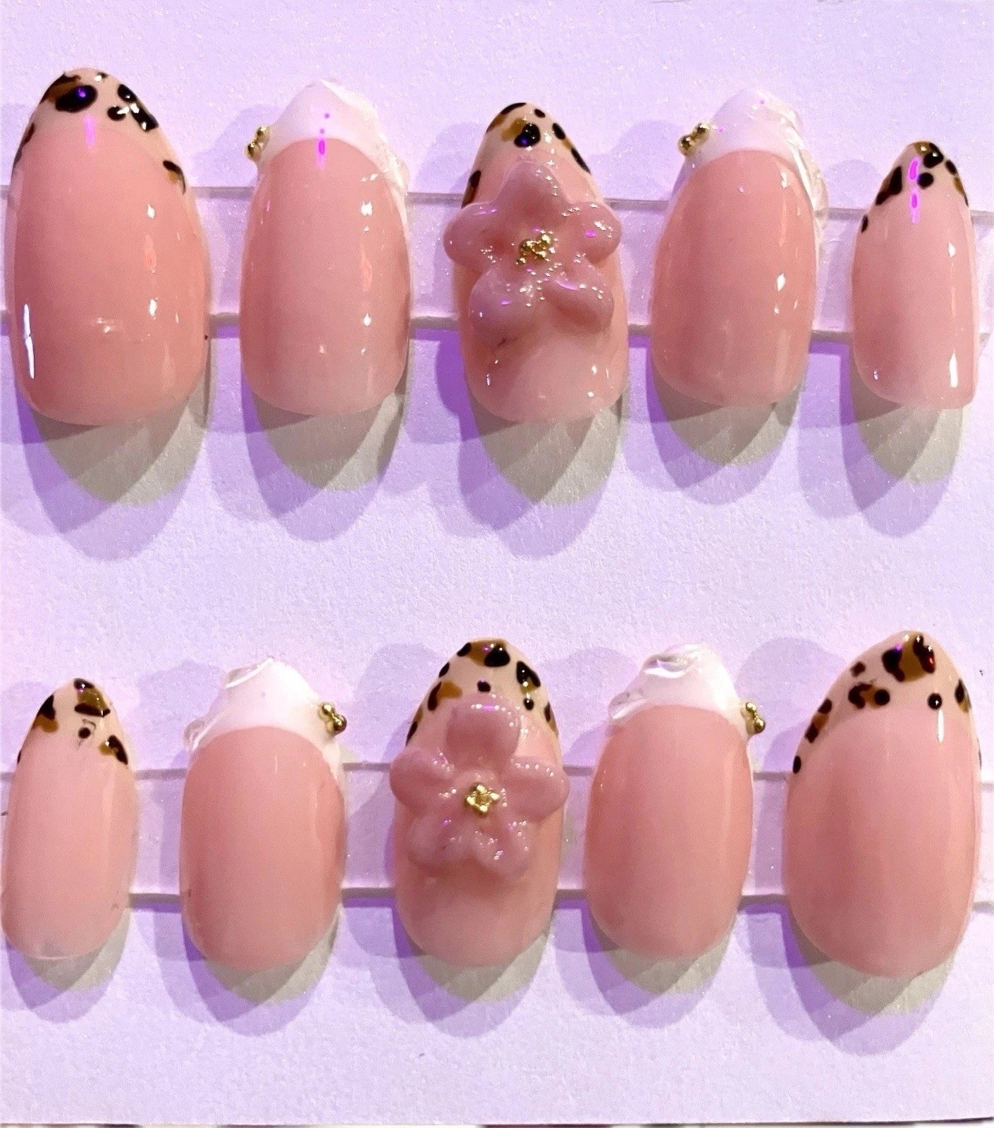 Handmade Press On Nails Cheetah Print 3d Flowers
