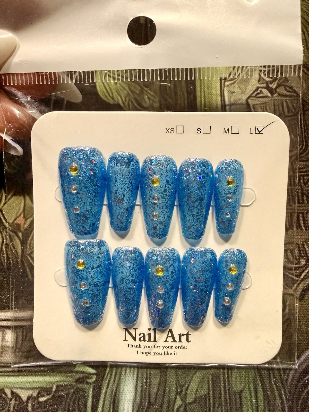 Long Coffin Blue Glitter Rhinestone Press On Nails Large Nail Size